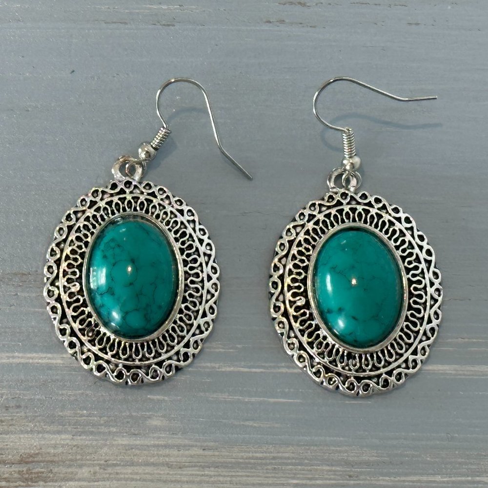 Silver Tone Dangle Pierced Earrings Faux Turquoise Cabochons